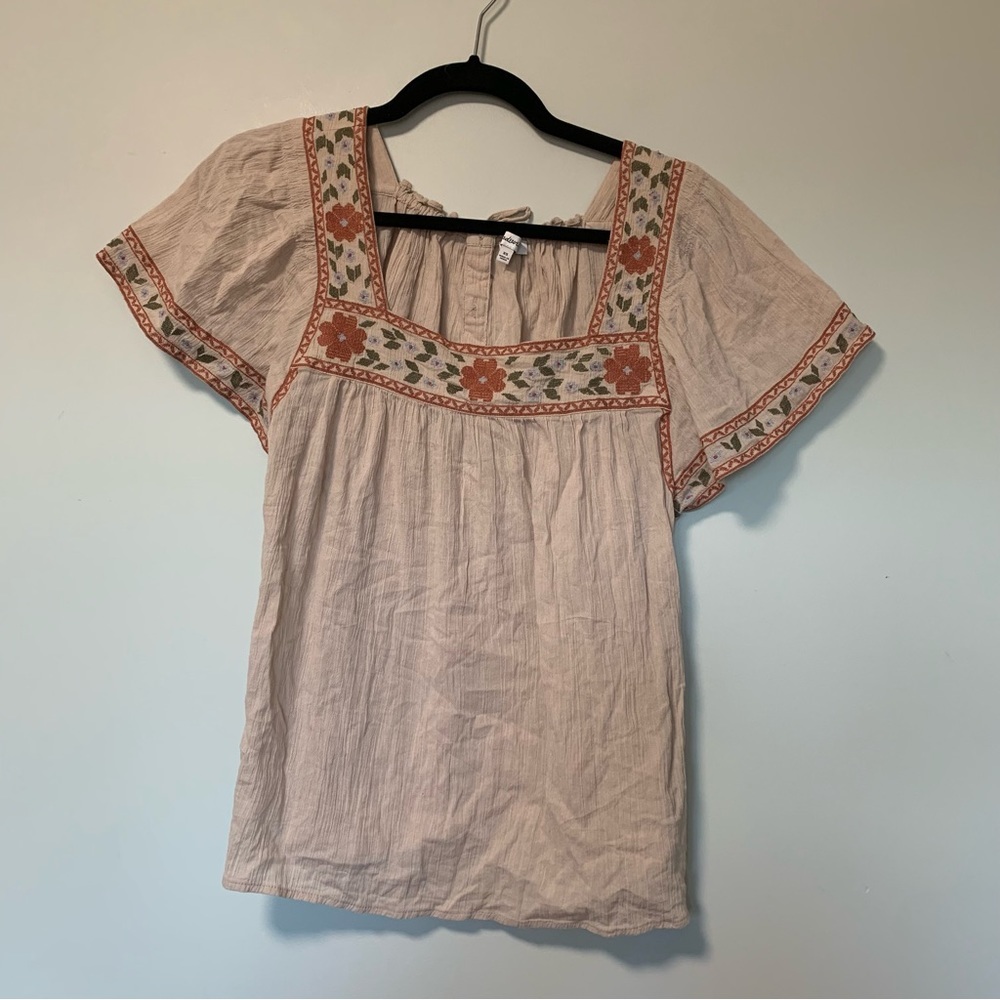 Madewell Cream Top with Orange Floral Embroidery